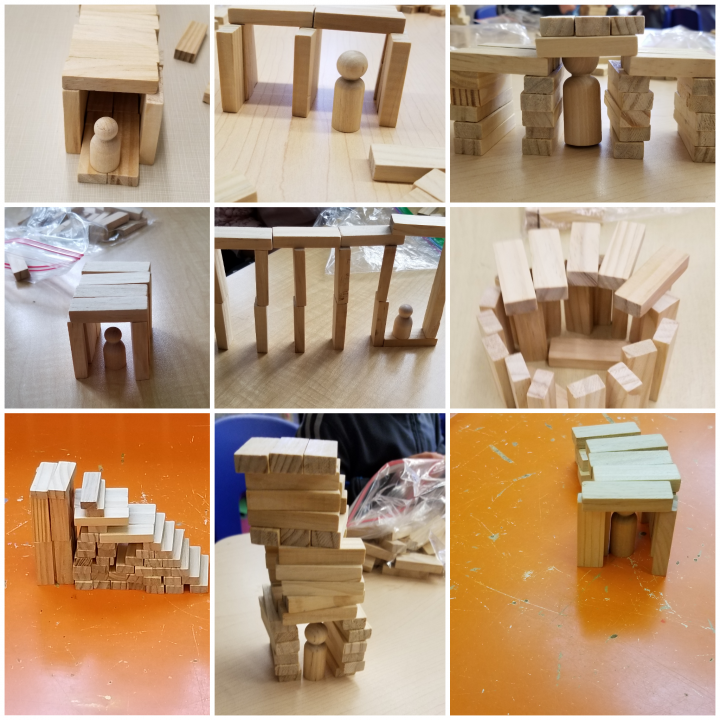 STEM activity shows a collage of nine wooden towers made from wooden building blocks.