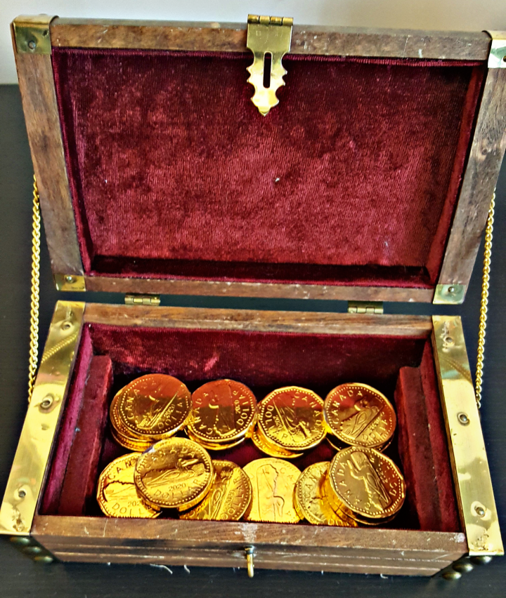 treasure hunt shows a treasure box with gold coins inside.