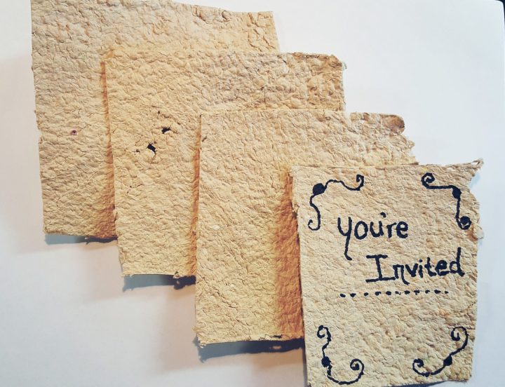 recycled crafts shows four sheets of paper from recycled paper and one says you're invited.