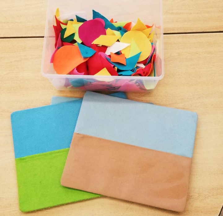 math activities for kindergarten shows a bin of felt shapes and two felt boards.
