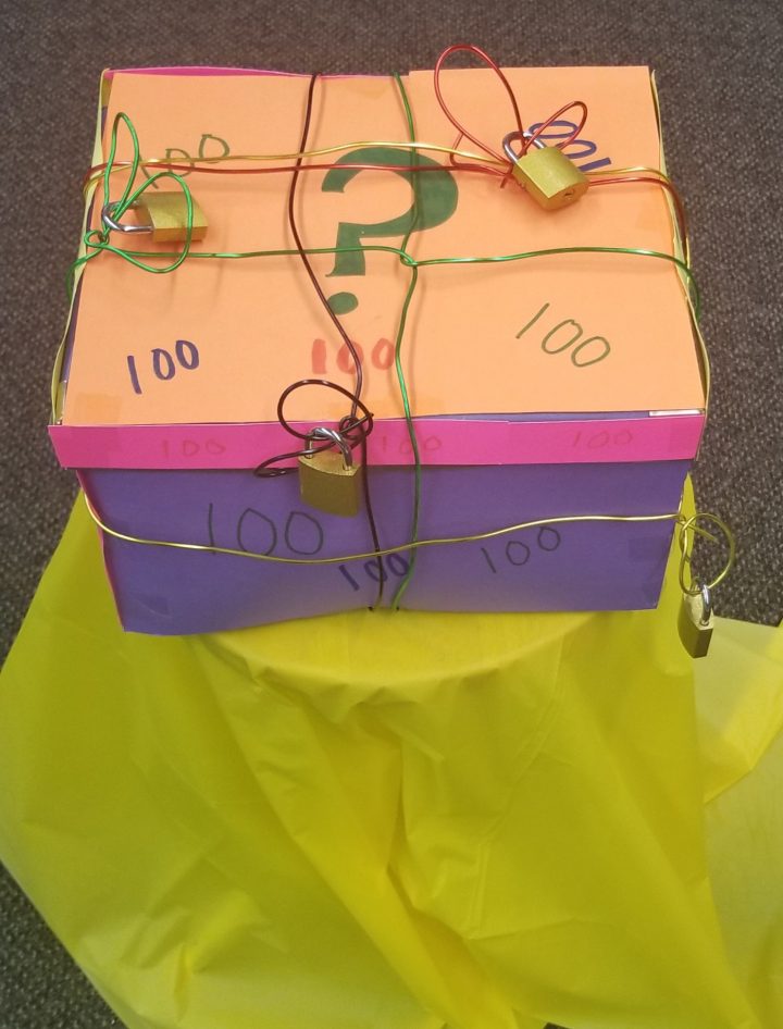 classroom escape room shows a box with four locks on it.