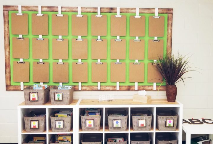 classroom shows a bulletin board covered with clipboards.