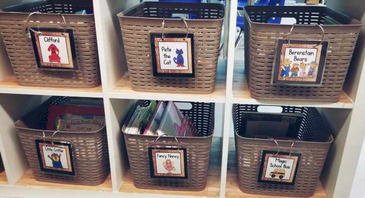 classroom shows a classroom library with book bins.