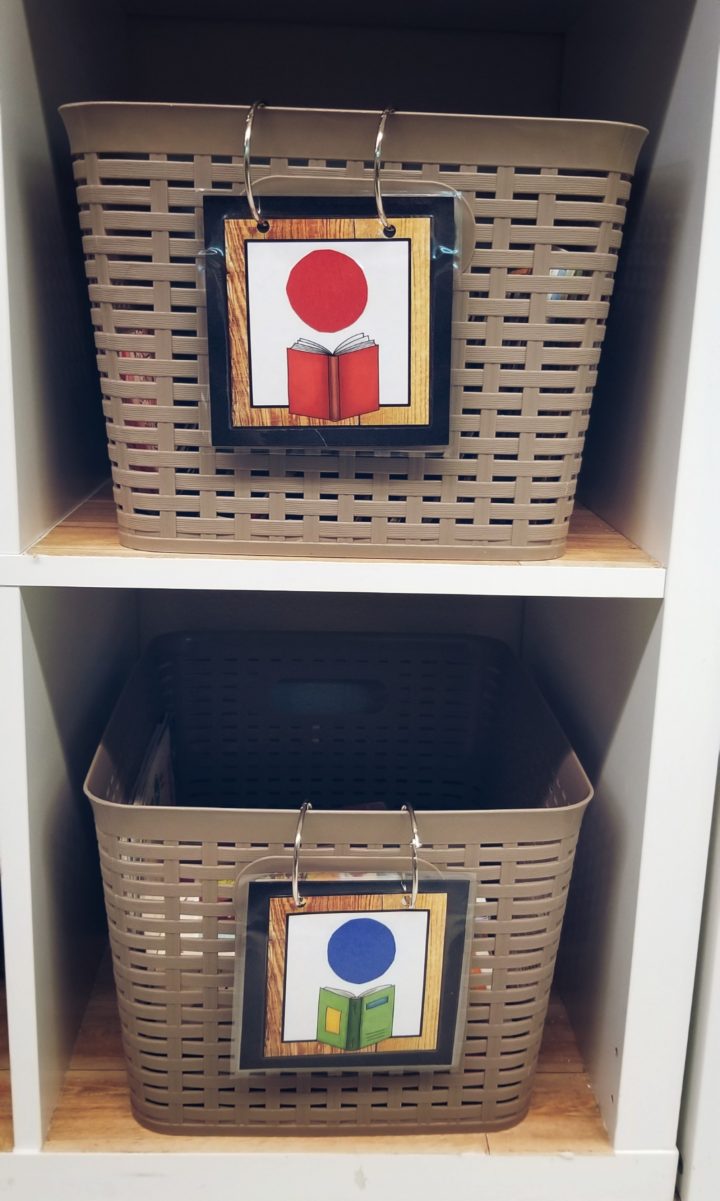 library shows two bins for different reading groups.