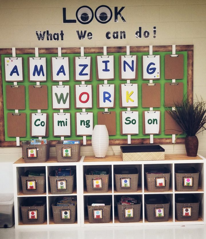classroom shows a bulletin board that says look what we can do amazing work coming soon.