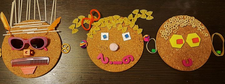 art activity for kids shows three faces made from hot pot sands, pasta and other random objects.