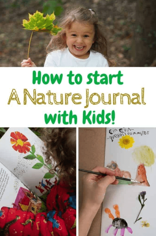 outdoor activity shows a child making a nature journal.