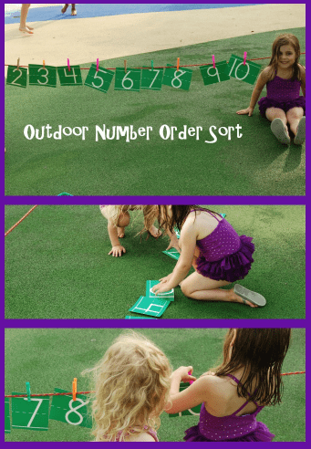 outdoor learning activity shows a child sorting numbers outside.