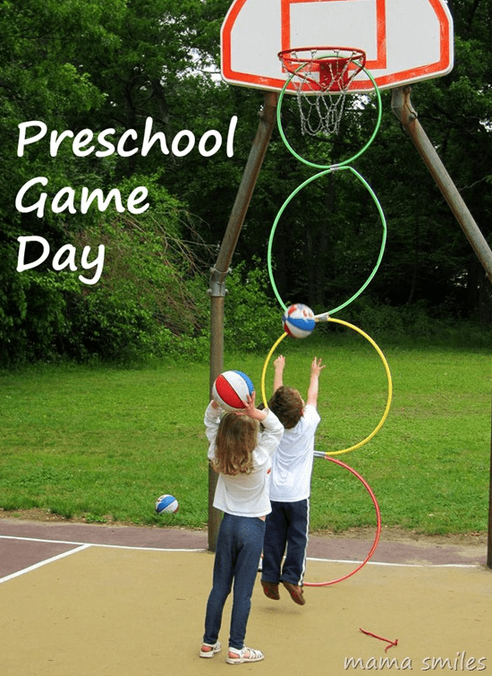 preschool gym shows children shooting baskets.