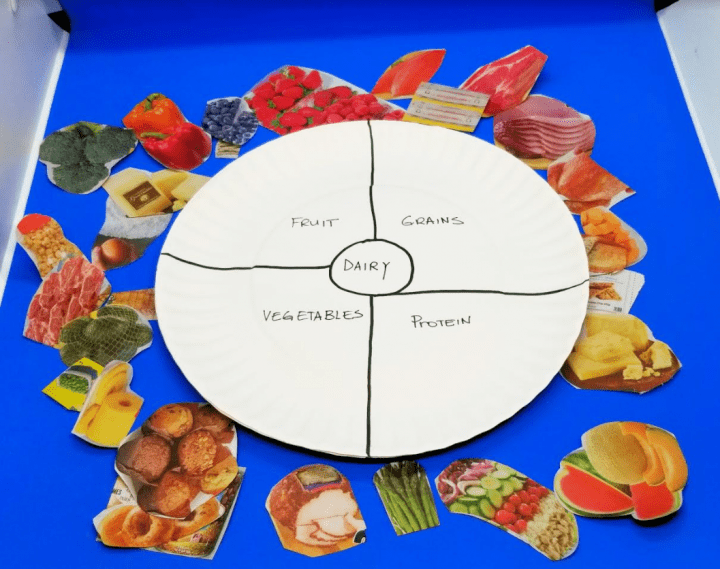 food pyramid healthy eating for kids shows a plate separated into the food groups and cut outs of food.