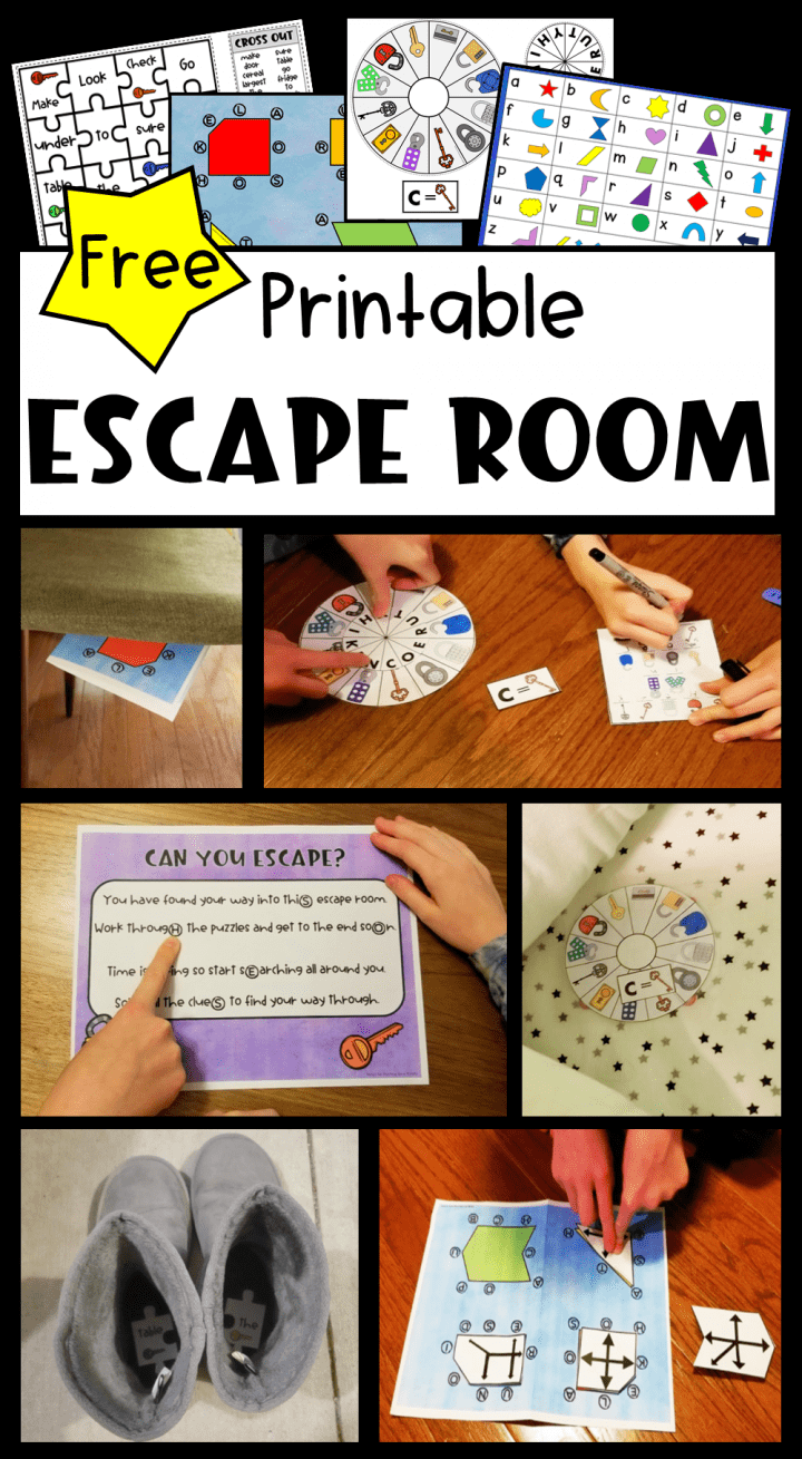 free printable escape room pinterest pin shows a collage of the printed clues.
