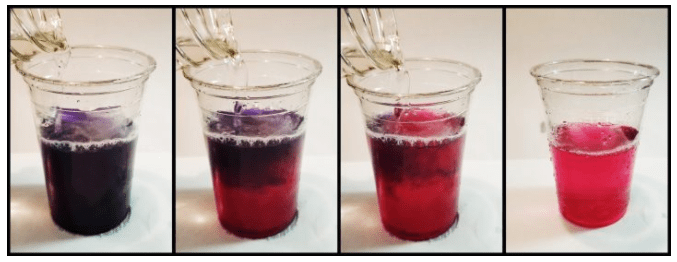 science for kids shows four pictures with a cup with liquid.  Purple liquid in the first and turning to pink in the last.