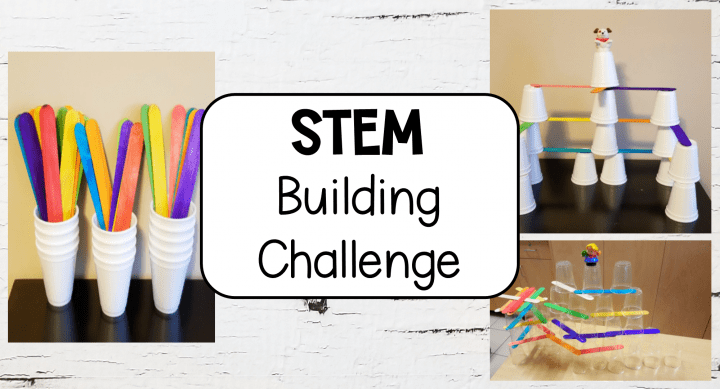 stem challenge for kids shows cups and sticks and built to make a tower.
