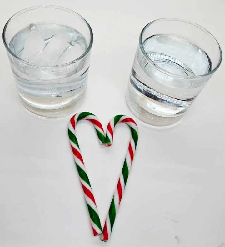 candy cane science experiments shows two cups and two candy canes.