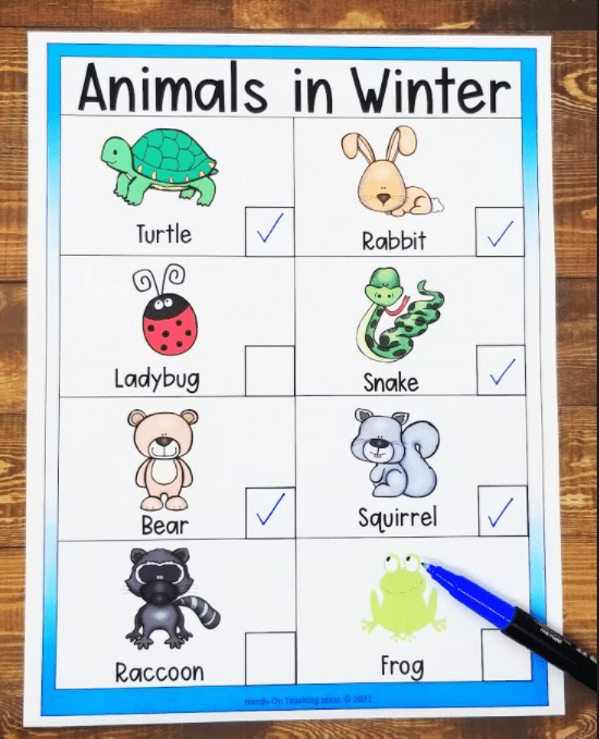 animals in winter activity shows a printable scavenger hunt list with eight animals pictured.
