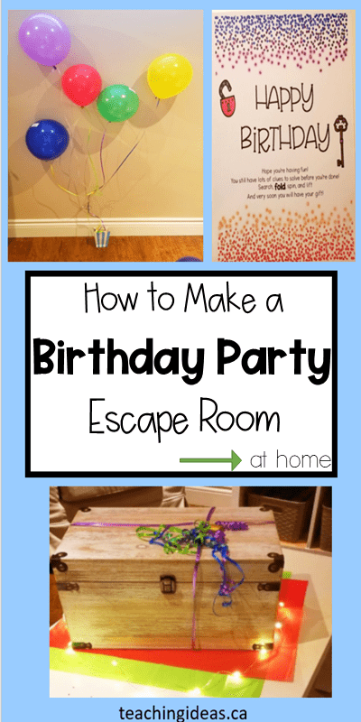 birthday escape room shows a pinterest pin for a party escape room with balloon puzzle, treasure chest  and printable puzzle.