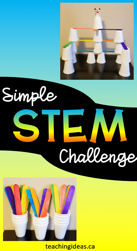 STEM Challenge shows a pinterest pin with a tower of stacked cups and cups filled with jumbo popsicle sticks.