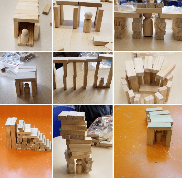 STEM challenges shows a collection of wooden blocks to make towers, stairs and buildings.