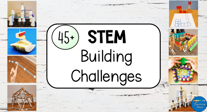 stem challenge ideas shows a link for over 45 stem challenges all put in a collage.