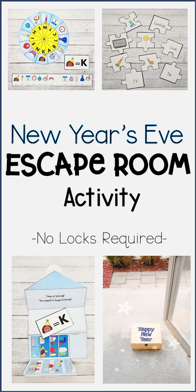 new years eve escape room shows a printable escape room game with puzzle pieces.