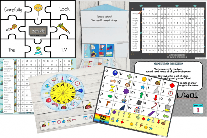 new years eve ideas for families and a collection of printable escape room puzzles that all look new years themed.