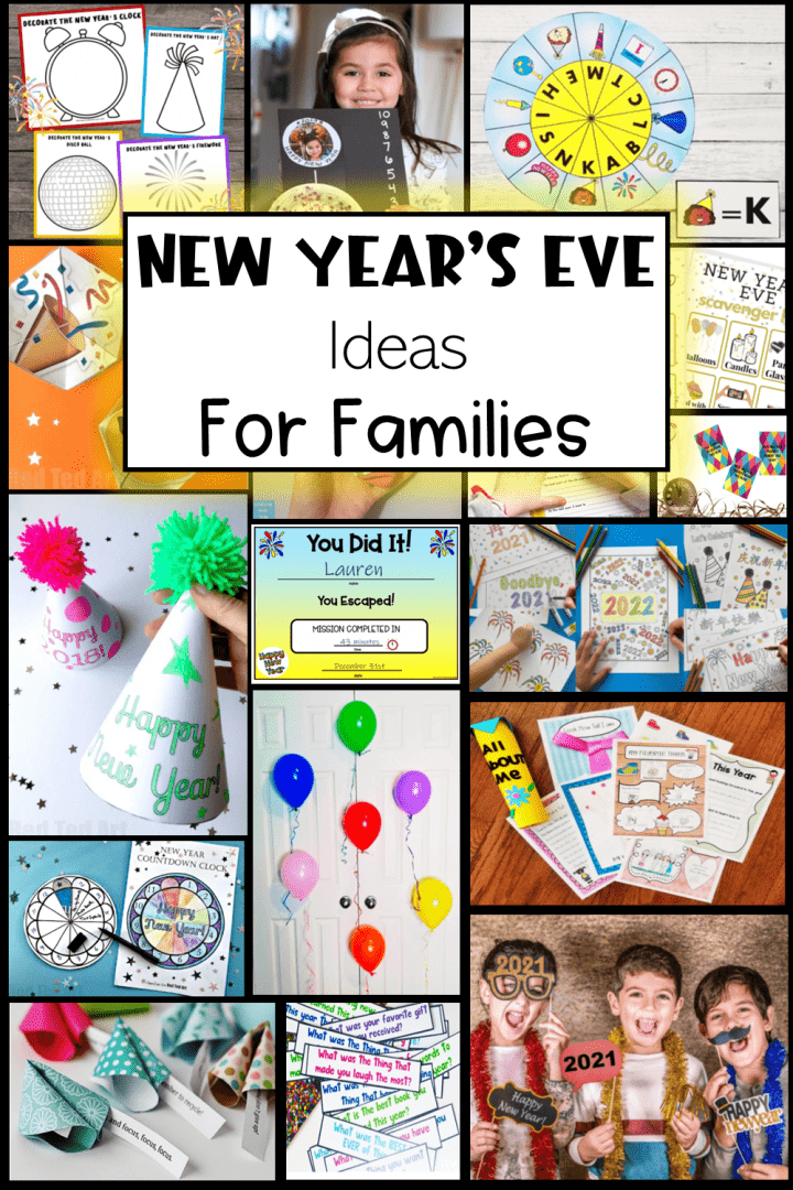 new years eve ideas for families shows a collage of activity ideas.