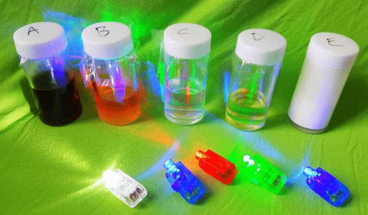 water stem activities shows five jars with different liquids and finger flashlights.