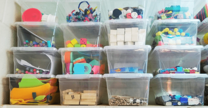 back to school shows twelve bins with simple toys and craft materials.