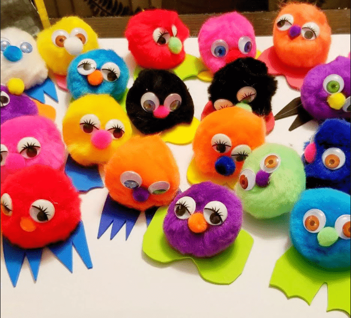 school supplies shows pompom characters.