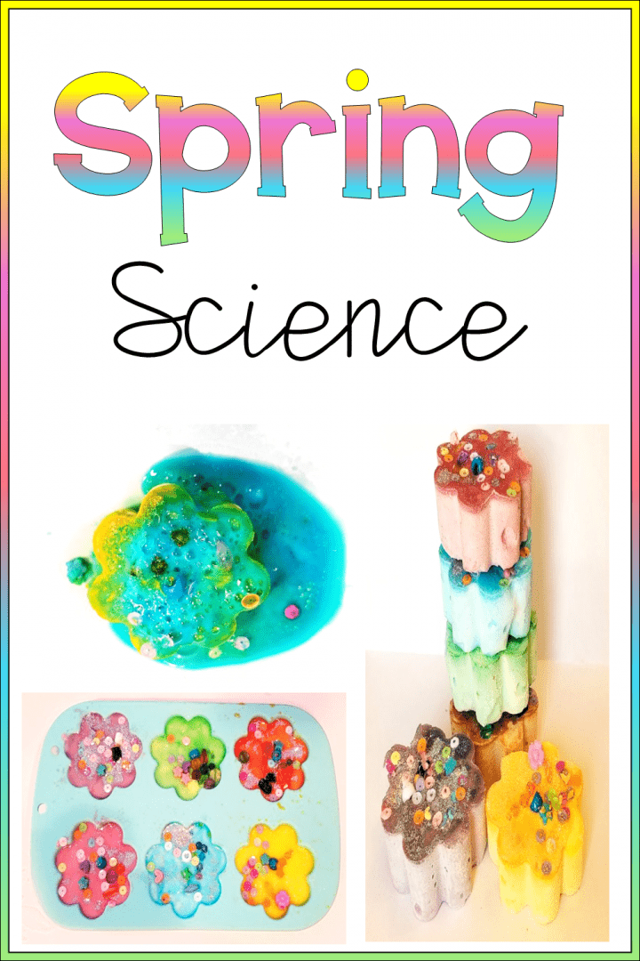 spring science experiment shows baking soda pucks of pastel spring colors.