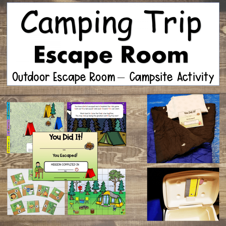 Printable Outdoor Escape Room for Camping shows the image for the camping escape room game.