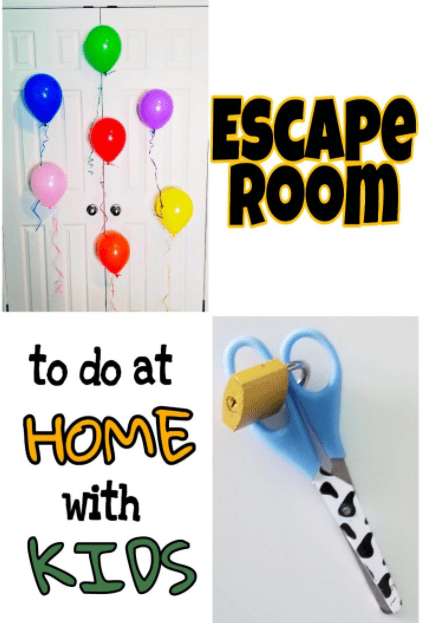 diy escape rooms for kids shows a pinterest pin with a clip of balloons and locked scissors.