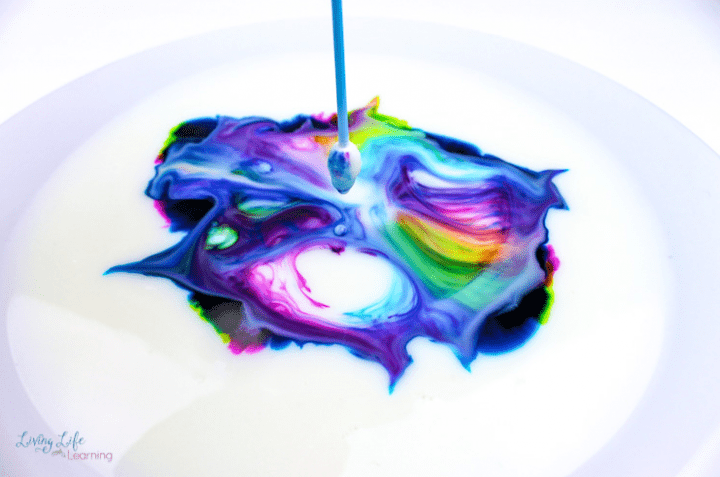 science experiments for kids shows a plate with milk and swirls of food coloring all over.