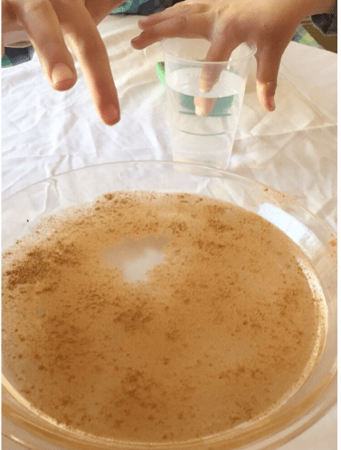 easy science experiments for kids shows a pan with water and a powder on top.