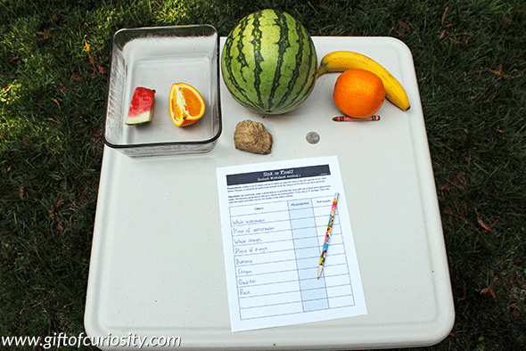 science experiments for kids shows a table with fruit and a float sink printable on it.