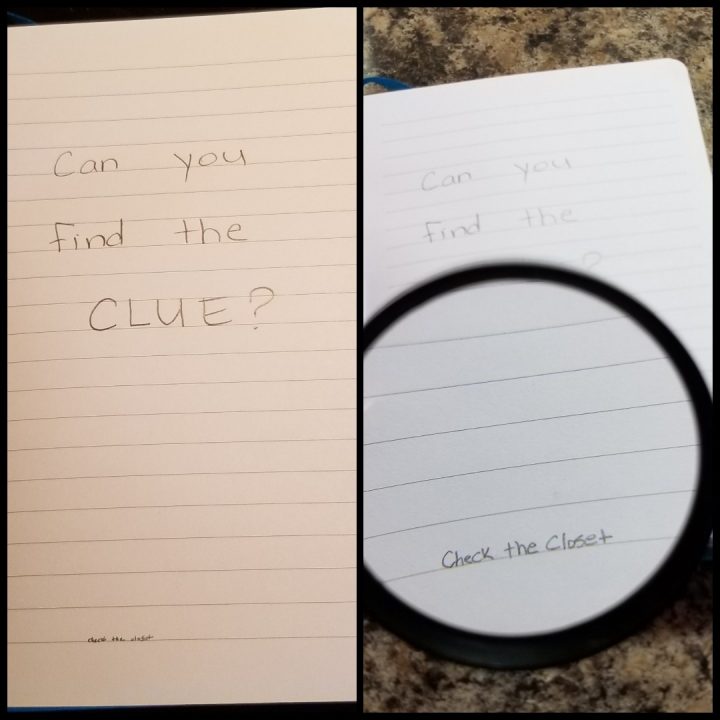 escape room ideas shows a sheet with words and little words and a magnifying glass at the bottom.
