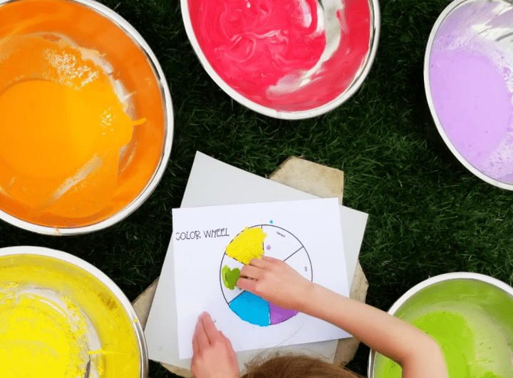 color wheel shows a child finger painting and bowls around with colored paint