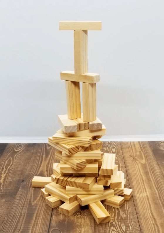 stem activity shows a tall tower made from wooden blocks.