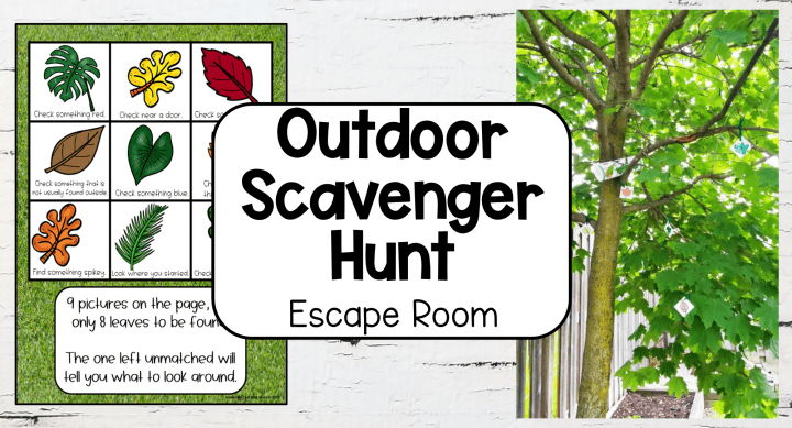 treasure hunt outdoor scavenger hunt shows a printable and a tree.