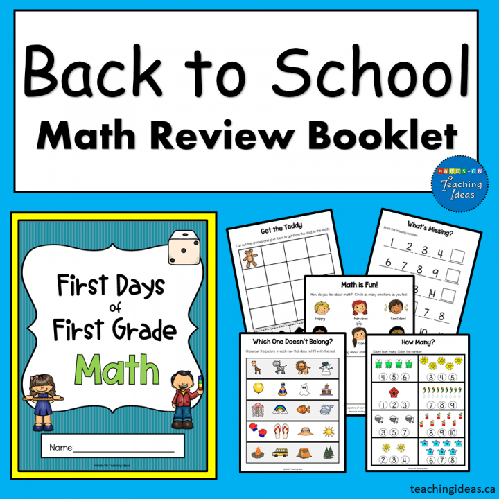 back to school math review booklet shows printable pages from a math resource.