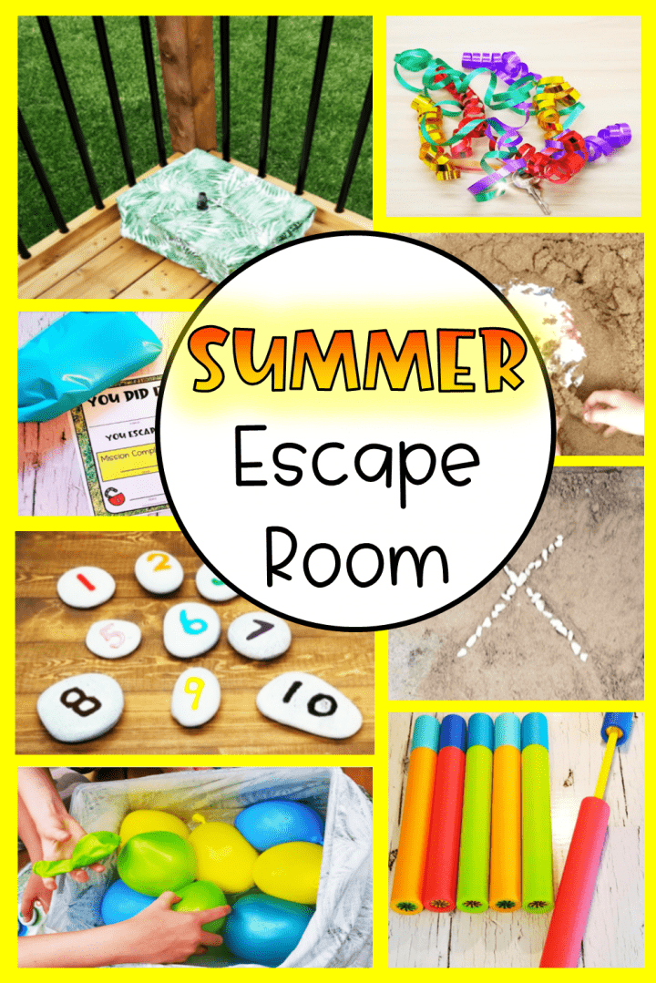 summer escape room shows a pinterest pin for a summer escape room with the puzzles making a collage.