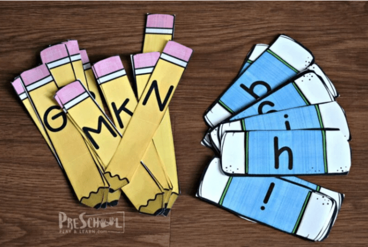 first day of school ideas shows pencil and eraser cut outs with letters on each.