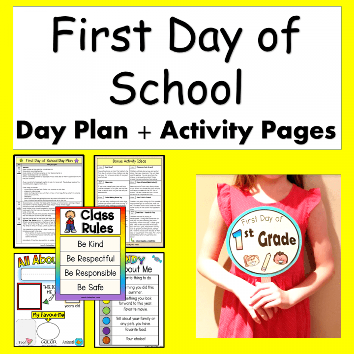 first day of school shows a child holding a sign for their first day of school and printable resources.