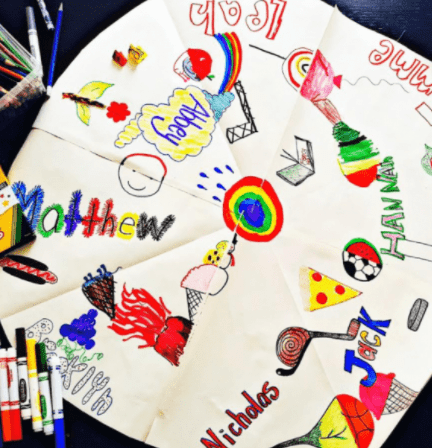 first day of school activities shows a large circle paper divided into slices and colored on.