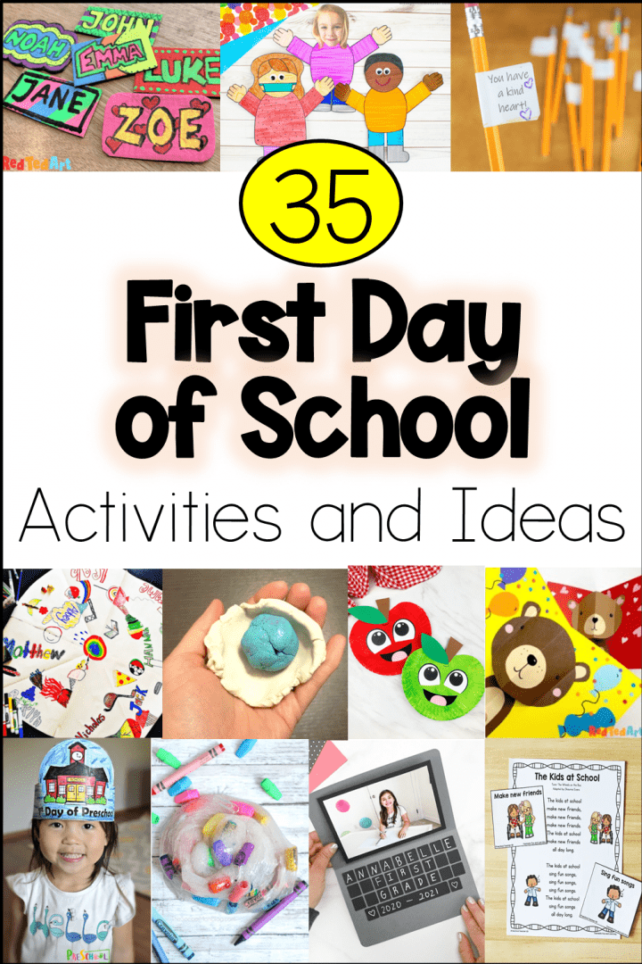 first day of school ideas shows a collection of crafts and ideas in a Pinterest pin.