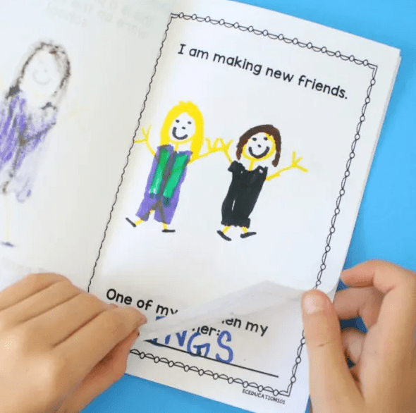 first day of school shows a book about making friends for kids to draw pictures.