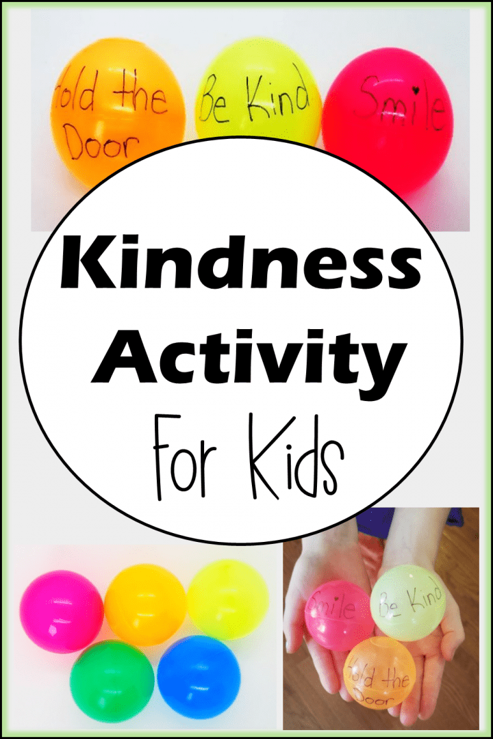 kindness activity for kids shows three balls with kind quotes on it and a child holding the balls.