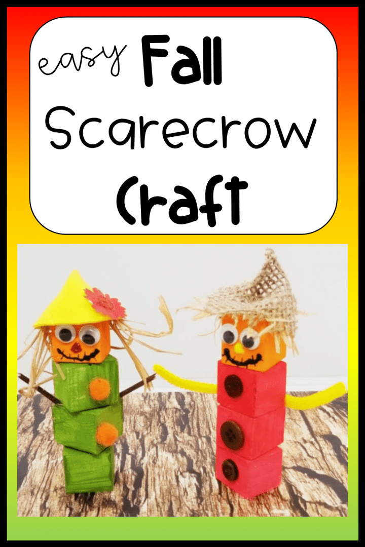 fall craft shows a scarecrow made from wooden blocks.