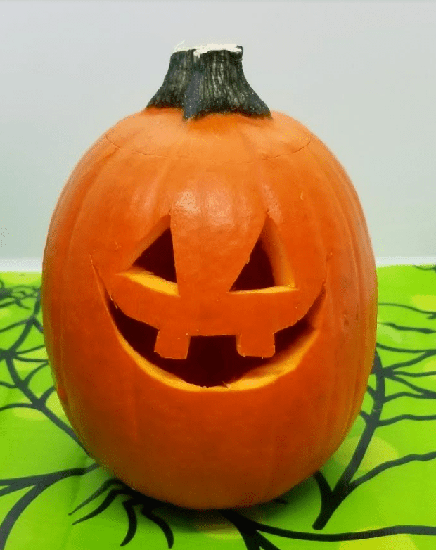fall stem science experiment shows a pumpkin with a carved face.