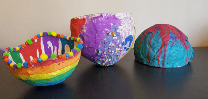 paper mache art shows three colorful paper mache bowls
